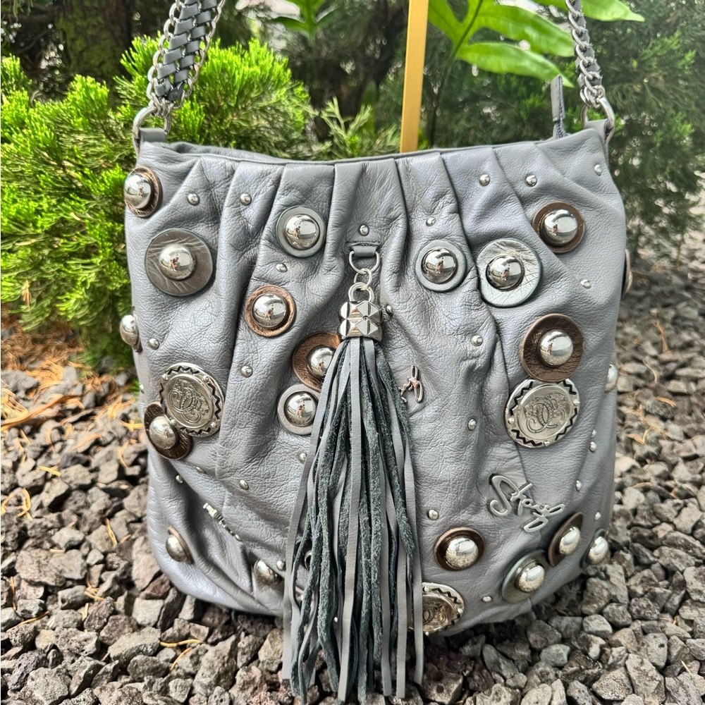 Sharif Gray Leather Studded Hobo Shoulder Bag with Chain Strap & Tassel - Picture 3 of 16